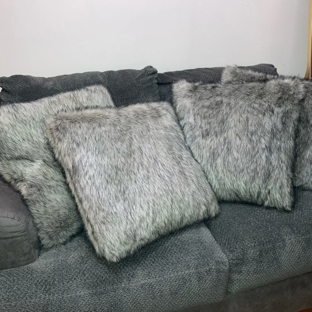Grey Fluffy Faux Fur Large Couch Throw Pillows NEW